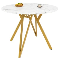 Tavolo da pranzo rotondo per 4 persone con piano in MDF, 100x100x76 cm, Bianco e Oro(m-7)