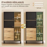 HOMCOM Armoire de cuisine meuble de rangement, 2 tiroirs 1 placard 2 niches et étagères réglables, 88x35x160cm, noir et naturel(m-6)