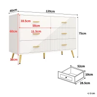 Buffet de salle à manger avec 6 tiroirs spacieux, portes d'armoire au design tridimensionnel et pieds dorés, 120x40x75 cm, Blanc(m-3)