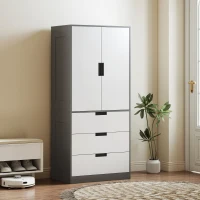 HOMCOM Armadio da camera con 2 ante a chiusura ammortizzata, 3 cassetti e barra appendiabiti, 80x50x180cm, grigio e bianco(m-6)