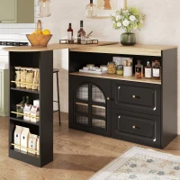 Bancone girevole a 360° con 2 cassetti, ripiano e vetro curvo, 138-204x39x104 cm, Nero(m-4)