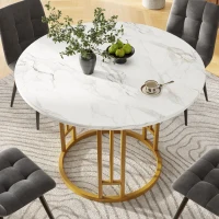 Tavolo rotondo da pranzo per 4 persone con gambe in metallo e piano in MDF, 80x80x76 cm, Bianco e Oro(m-4)