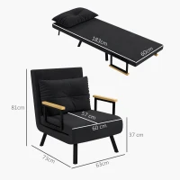 HOMCOM Sofá Cama Individual Plegable Silla Cama Convertible 4 en 1 Respaldo Ajustable de 5 Niveles y Almohada 63x73x81 cm Negro(m-3)