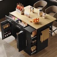 Îlot de cuisine avec plateau de table rabattable, desserte avec étagères à snacks et placards extensibles, 134,5x46/74x90,5 cm, Noir(m-6)