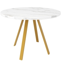 Ronde eettafel voor 4 personen met wit marmermotief en goudkleurige metalen poten, MDF en metalen frame, draagvermogen 60 kg, 80×80×75 cm, wit en goud