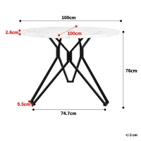 Tavolo da pranzo rotondo per 4 persone, piano in MDF, 100x100x76 cm, Bianco e Nero(m-3)