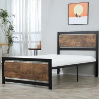 Cadru de Pat de o Persoana HOMCOM din Lemn si Otel cu Sipci in Stil Industrial, 90x200cm(m-10)