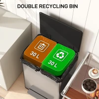 HOMCOM Coș de Gunoi cu Pedală cu 2 Compartimente de 30L, Capac Amortizat și Galeți Detașabili, Oțel Inoxidabil, Argintiu(m-4)