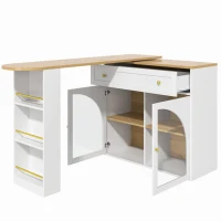 Bancone bar allungabile e girevole a 360° con scaffale laterale a 3 ripiani e ante in vetro, 138-204x39x104 cm, Bianco(m-7)