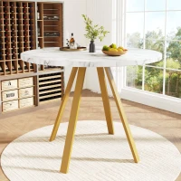 Tavolo da pranzo rotondo per 4 persone, con gambe in metallo dorato, 80x80x75 cm, Bianco e Oro(m-1)