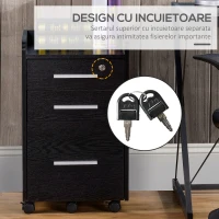 HOMCOM Dulap Portadocumente din Lemn cu 3 Sertare cu Chei de Securitate și 5 Roți, 39.2x40x65.4 cm, Negru(m-6)