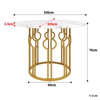 Tavolo da pranzo rotondo per 4 persone con piano in MDF e gambe in metallo, 100x100x76 cm, Bianco e Oro(m-3)