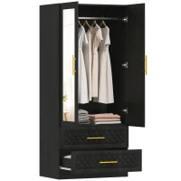 HOMCOM Roupeiro com Espelho 2 Portas e 2 Gavetas Relevo de Diamante Barra para Pendurar Estilo Moderno 80x50x180 cm Preto(m-10)