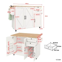Isla de cocina moderna, con tablero ajustable y espacio de almacenamiento, 120x43,2/71,2x92 cm, Blanco(m-3)