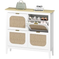 HOMCOM Meuble à chaussures 20 paires bohème avec 4 tiroirs rabattables, portes effet cannage rotin, 105 x 24 x 95,5 cm, blanc(m-1)