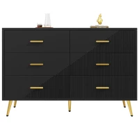 Buffet de salle à manger avec 6 tiroirs spacieux, portes d'armoire au design tridimensionnel et pieds dorés, 120x40x75 cm, Noir(m-6)
