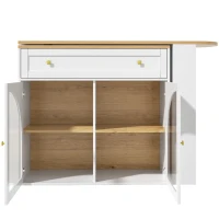 Bancone bar allungabile e girevole a 360° con scaffale laterale a 3 ripiani e ante in vetro, 138-204x39x104 cm, Bianco(m-8)