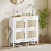 HOMCOM Meuble à chaussures 20 paires bohème avec 4 tiroirs rabattables, portes effet cannage rotin, 105 x 24 x 95,5 cm, blanc(m-10)