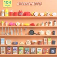 AIYAPLAY Cozinha de Brincar com Luz e Som Cozinha para Crianças com Acessórios Panelas Utensilios e Alimentos Falsos 52,5x22x100 cm Rosa(m-7)