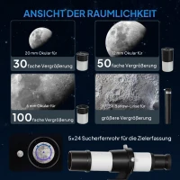 Outsunny telescoop, 70 mm objectief, 5 x 24 zoeker, verstelbaar statief, zilverkleurig(m-5)