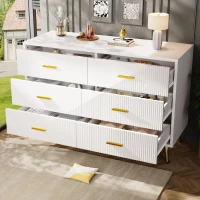 Buffet de salle à manger avec 6 tiroirs spacieux, portes d'armoire au design tridimensionnel et pieds dorés, 120x40x75 cm, Blanc(m-5)