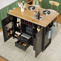 Îlot de cuisine avec table pliante, grand espace de rangement, casier à vin, porte-serviette et porte-épices, 137,9x45/73x92,2 cm, Noir(m-5)