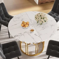 Tavolo da pranzo rotondo per 4 persone con piano in MDF e gambe in metallo, 100x100x76 cm, Bianco e Oro(m-4)