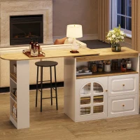 Buffet pivotant 360°, avec 2 tiroirs, étagère à snacks, verre cintré, 138-204x39x104 cm, Blanc(m-1)