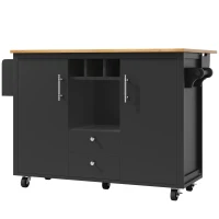 Îlot de cuisine avec table pliante, grand espace de rangement, casier à vin, porte-serviette et porte-épices, 137,9x45/73x92,2 cm, Noir(m-2)