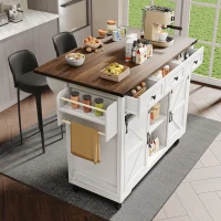 Îlot de cuisine avec plateau rabattable, chariot de service sur roulettes avec 2 portes coulissantes et 3 tiroirs, 140x45/73x94 cm, Beige(m-5)