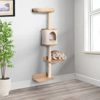 PawHut Copac pentru Pisici de Perete 38x30x149 cm cu Multiple Platforme din Lemn Vizuini Pat Superior Pernă Detașabilă Stâlpi Zgârietoare din Sisal Turn de Cățărat Bej și Stejar(m-2)
