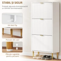 HOMCOM Dulap Subțire pentru 18 Perechi de Pantofi cu 3 Sertare Basculante și Rafturi Reglabile, 60x24x128 cm, Alb(m-7)