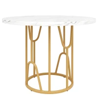 Tavolo da pranzo rotondo per 4 persone con piano in MDF e gambe in metallo, 80x80x76 cm, Bianco e Oro(m-2)