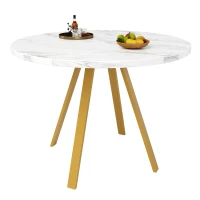 Tavolo da pranzo rotondo per 4 persone, con gambe in metallo dorato, 80x80x75 cm, Bianco e Oro(m-7)