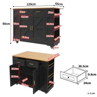 Îlot de cuisine moderne avec plateau de table réglable, table à manger multifonctionnelle avec rangement, 120x40/65x90 cm, Noir(m-3)