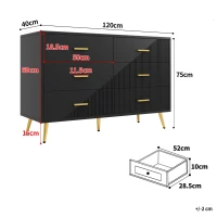 Buffet de salle à manger avec 6 tiroirs spacieux, portes d'armoire au design tridimensionnel et pieds dorés, 120x40x75 cm, Noir(m-3)