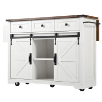 Îlot de cuisine avec plateau rabattable, chariot de service sur roulettes avec 2 portes coulissantes et 3 tiroirs, 140x45/73x94 cm, Beige(m-10)