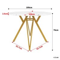Tavolo da pranzo rotondo per 4 persone con piano in MDF, 100x100x76 cm, Bianco e Oro(m-3)