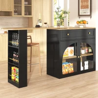 Bancone bar allungabile e girevole a 360° con scaffale laterale a 3 ripiani e ante in vetro, 138-204x39x104 cm, Nero(m-6)