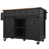 Kücheninsel mit klappbarer Tischplatte, Servierwagen auf Rollen mit 2 Schiebetüren und 3 Schubladen, 140 x 45/73 x 94 cm, Schwarz(m-10)