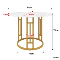 Tavolo rotondo da pranzo per 4 persone con gambe in metallo e piano in MDF, 80x80x76 cm, Bianco e Oro(m-3)