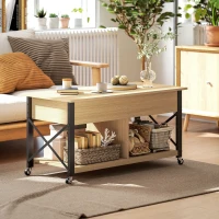 HOMCOM Table Basse Relevable sur Roulettes Table de Salon avec Compartiment Caché Étagères Ouvertes Bois naturel et blanc(m-4)