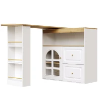 Buffet pivotant 360°, avec 2 tiroirs, étagère à snacks, verre cintré, 138-204x39x104 cm, Blanc(m-8)