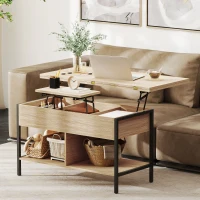 HOMCOM Höhenverstellbarer und ausziehbarer Couchtisch, Wohnzimmertisch mit verstecktem Fach und offenen Regalen, 98x49x55cm, Naturholz(m-6)