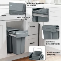 HOMCOM Balde do Lixo Sob Lavatório Balde do Lixo  de Cozinha com 2 Contentores de Reciclagem Extraíveis 20L+10L 52x26x40,8 cm Cinzento(m-6)