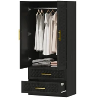 HOMCOM Roupeiro com Espelho 2 Portas e 2 Gavetas Relevo de Diamante Barra para Pendurar Estilo Moderno 80x50x180 cm Preto(m-11)