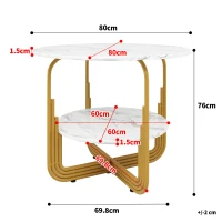 Tavolo in legno rotondo rotondo per 4 persone con spazio portaoggetti inferiore, 80x80x76 cm, Bianco e Oro(m-3)