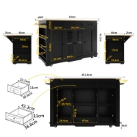 Îlot de cuisine avec plateau rabattable, verre trempé, 151,5x60/85x91,7 cm, Noir(m-3)