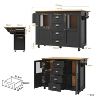 Îlot de cuisine avec plateau réglable, deux portes et quatre tiroirs, 137,9x45/73x92,5 cm, Noir(m-3)