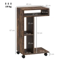HOMCOM Tavolino laterale, carrello portavivande a forma C, 4 ruote, 3 scomparti, 40 x 30 x 69 cm, Marrone rustico(m-3)